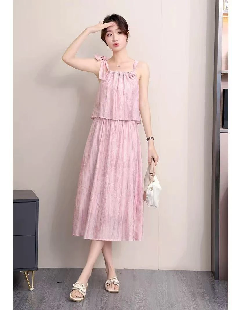 6608#小众高级扎染重工立体花朵系带假两件连衣裙【B10-2】