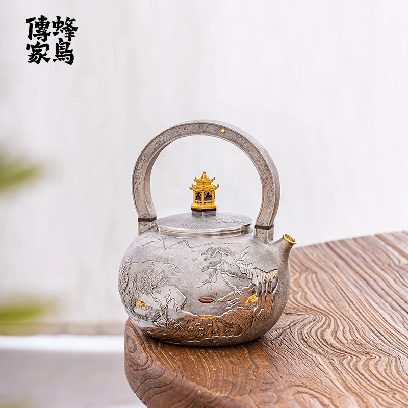 蜂鸟工坊 傳家 隔热把錾刻一块料金屋钮山水提梁茶壶 SWA18836