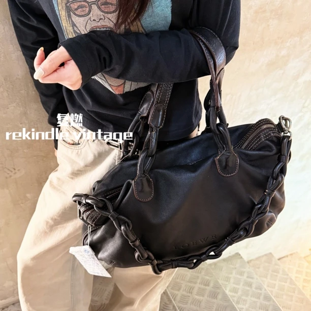 95新 LOEWE/罗意威 复燃精选/黑色扭结肩带托特2way单肩包