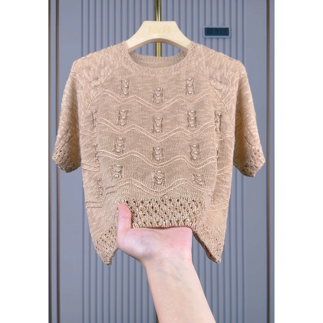 2025春夏季新款洋气提花气质圆领短袖上衣钉珠百搭套头针织衫866