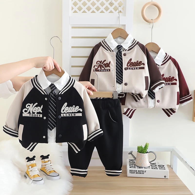 男童运动套装2025新款春秋款中小童小男孩三件套棒球服潮帅气时髦