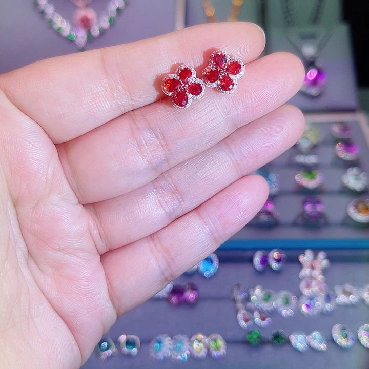 彩色蓝宝石耳饰银S925镶嵌