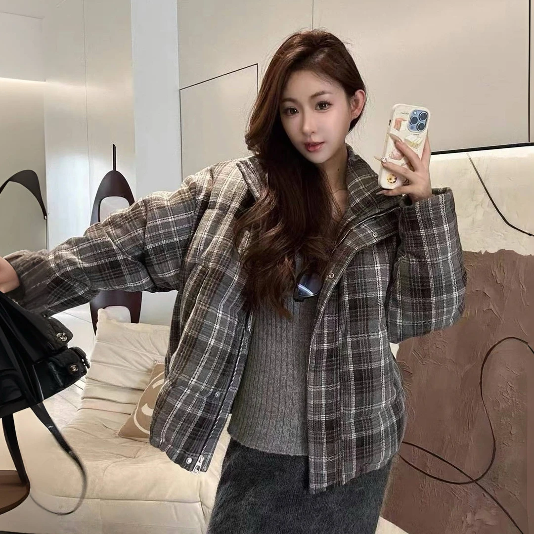 2267韩国毛呢格子冬季羽绒服韩版连帽时尚短款慵懒复古羽绒外套