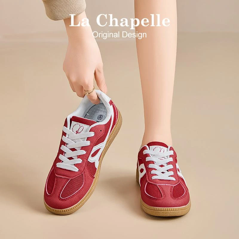拉夏贝尔红色德训鞋女鞋2025新款春秋季百搭小白鞋女厚底运动板鞋