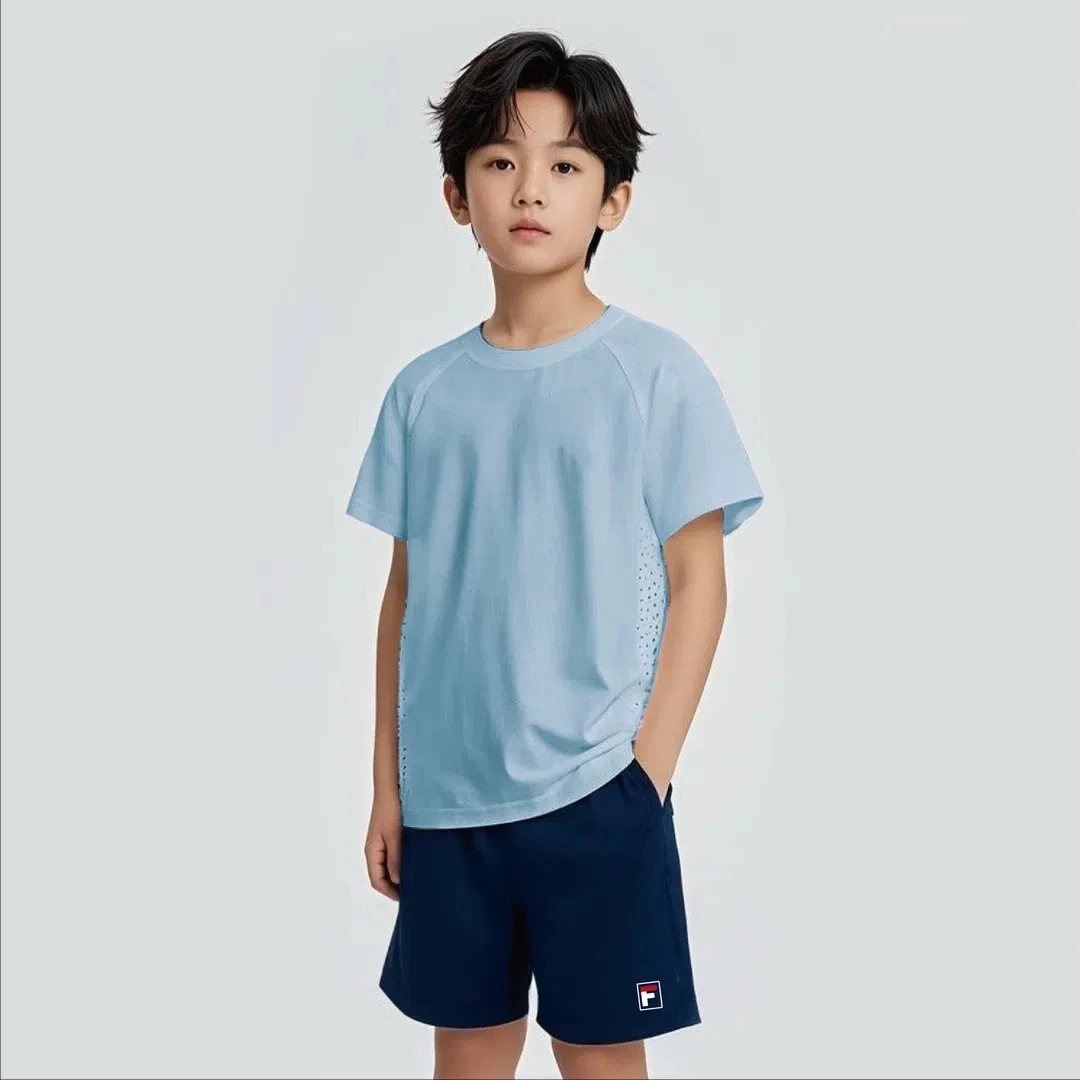 F标新品蓝色拼接速干衣服男女宝同款夏季圆领