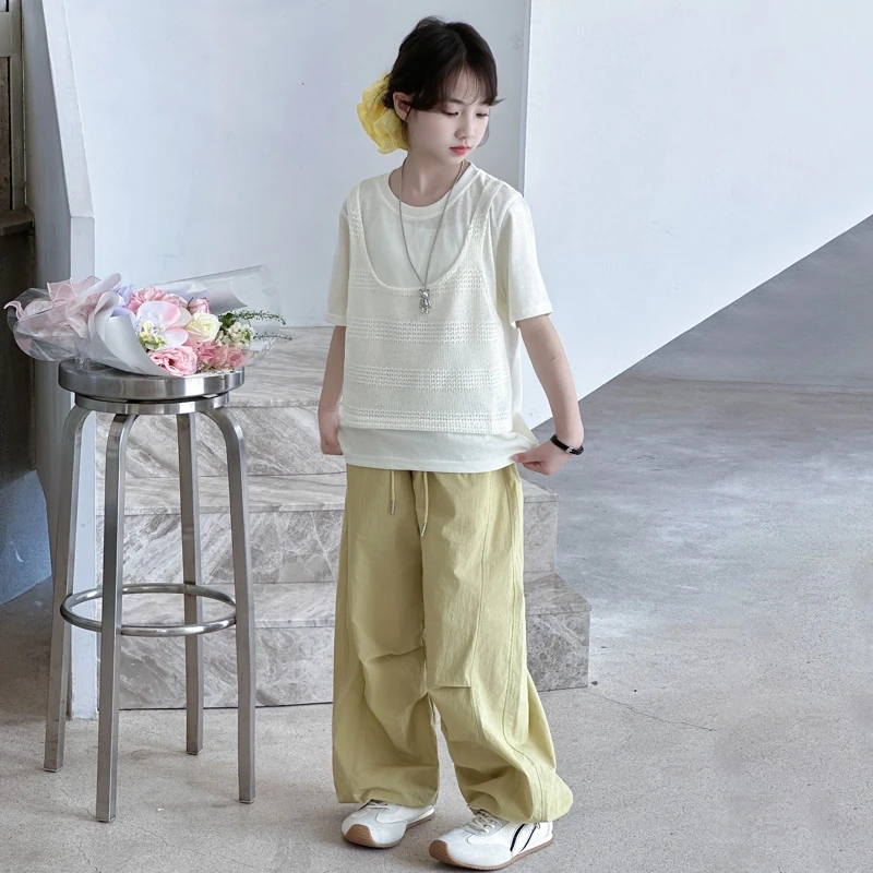 女童夏装套装2025新款儿童女孩假两件T恤裤子两件套夏季欧若风潮t