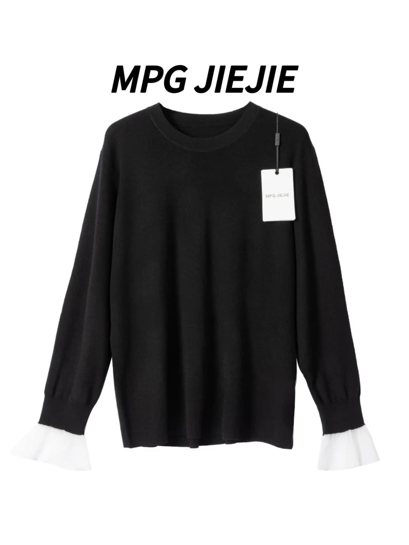 MPG JIEJIE【梦幻女孩】大码早秋拼接正肩针织衫