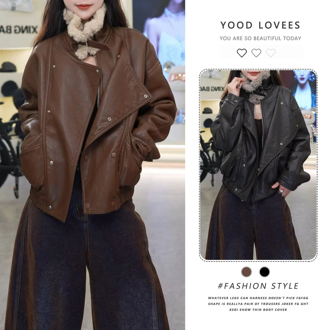 美式复古翻领加绒加厚外套女2025冬季新款时尚宽松机车皮短款外套