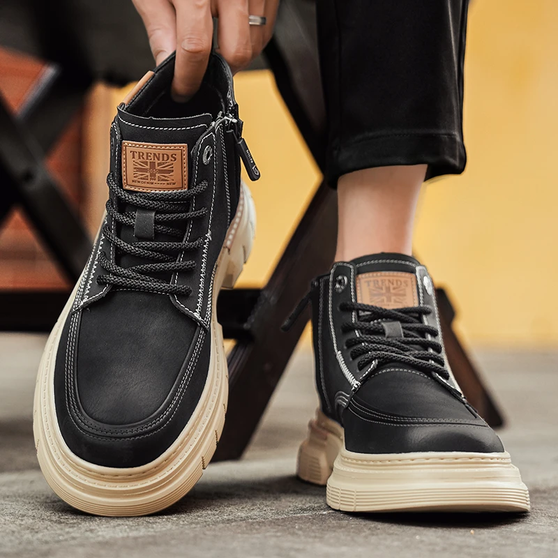 马丁靴男秋冬2025新款英伦复古高帮皮靴厚底防滑工装短靴加绒棉鞋