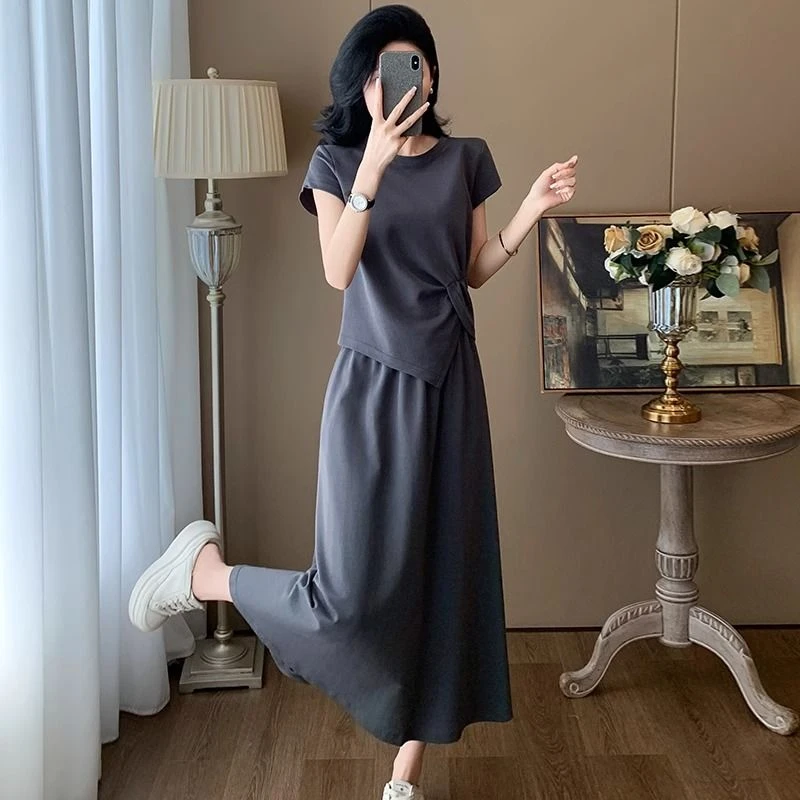 大码夏季高端气质休闲时尚套裙女设计感胖短袖上衣半身裙两件套