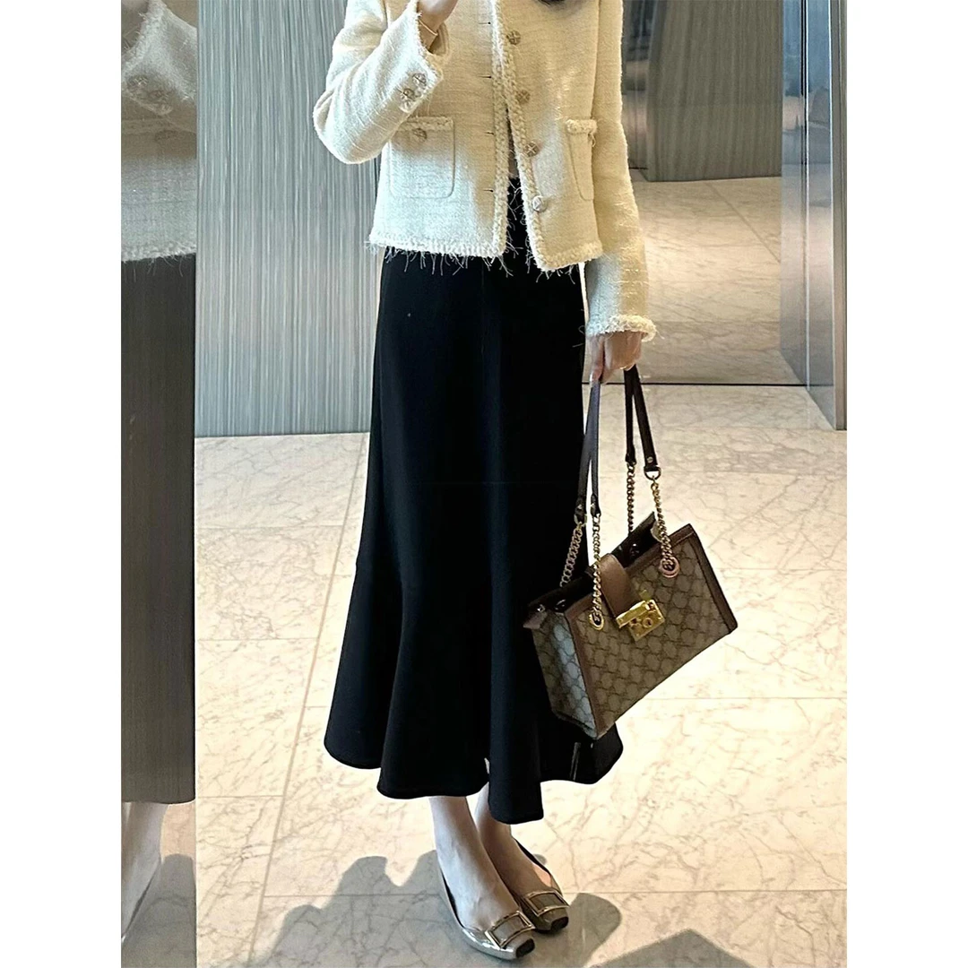 冬季黑色高腰宽松遮肉显瘦半身裙女大码梨型垂感高级感百搭鱼尾裙