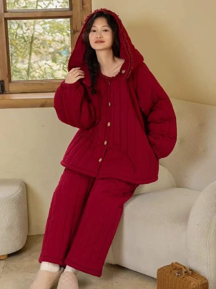 族玛士，圣诞红三层夹棉加绒加厚休闲宽松保暖睡衣