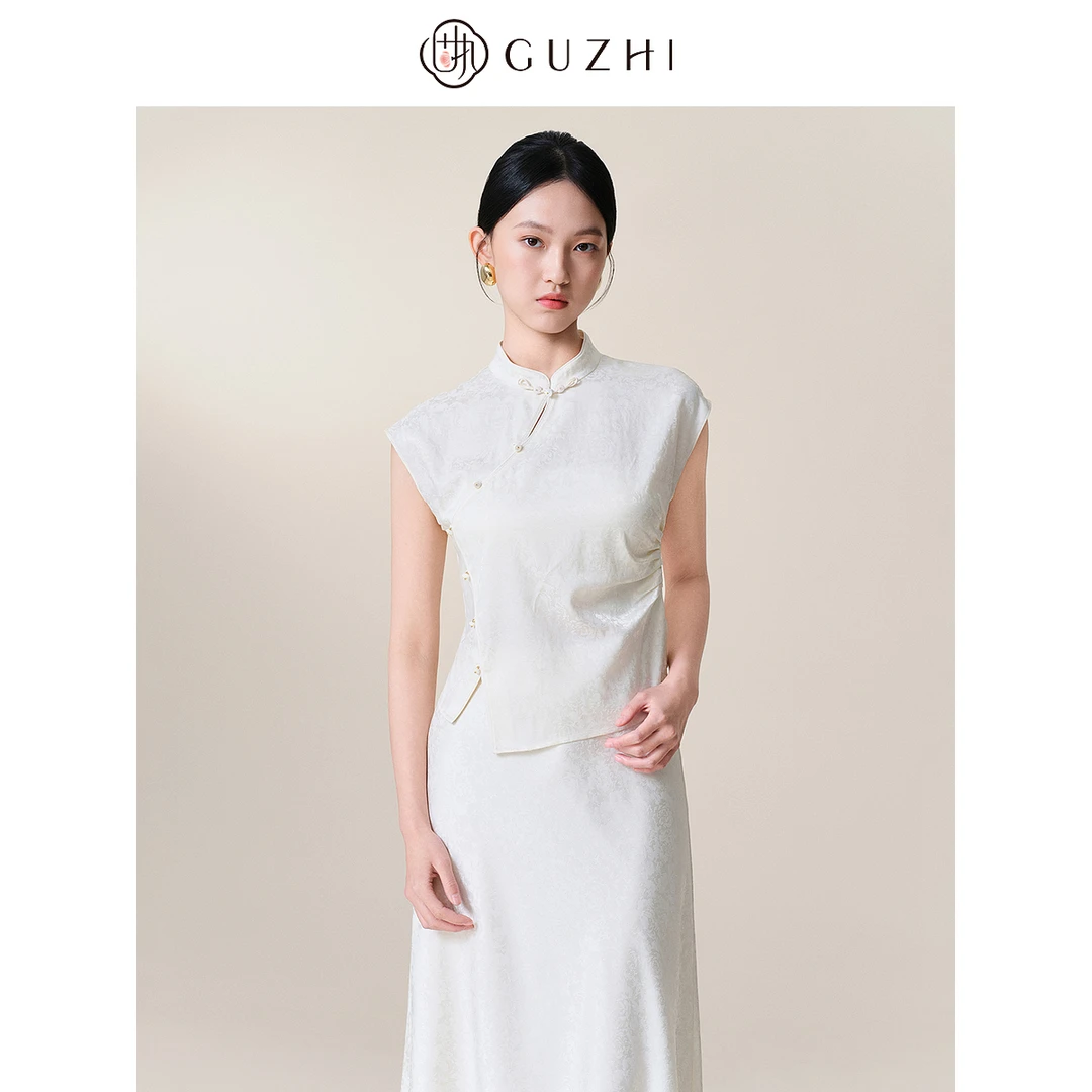 固执2025夏季新款中式立领提花钉珠无袖上衣女装