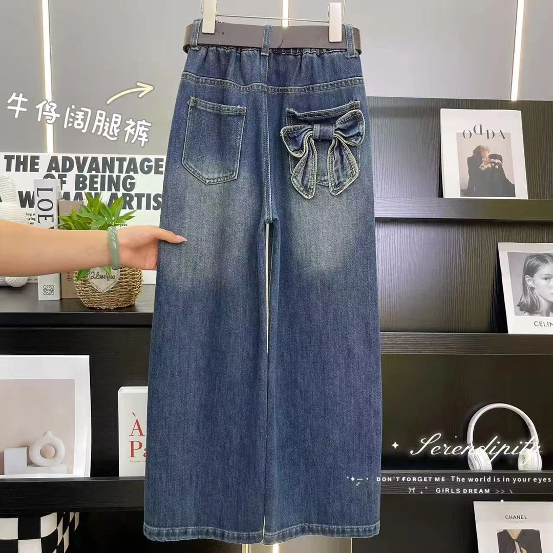 女儿穿超有范～女童蝴蝶结牛仔阔腿裤中大童休闲牛仔裤10555