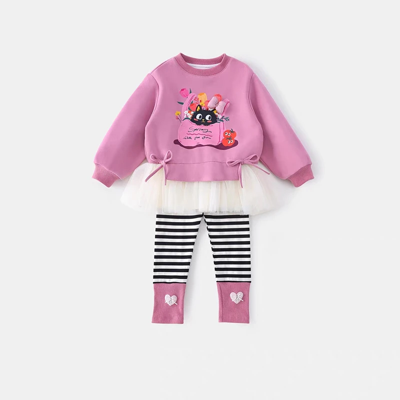 女童套装春秋装2025新款韩系女孩卡通卫衣条纹打底裤拼纱卫衣套装