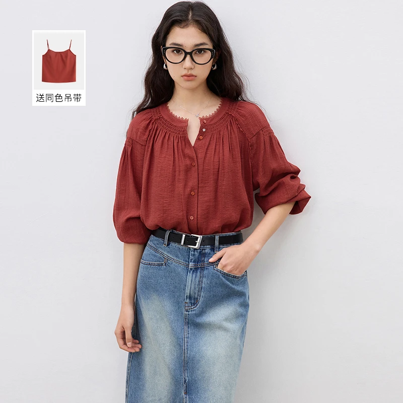 自巧小个子女装轻法式盐系长袖衬衫红色浪漫肌理感衬衣 25ZQ91201