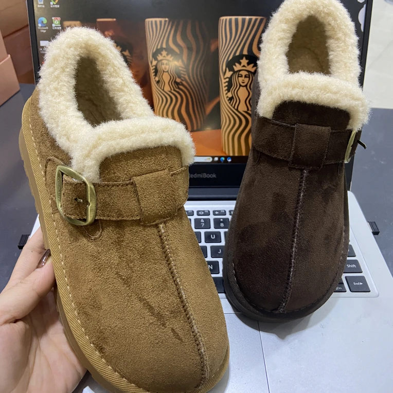 T012厚底勃肯鞋女秋冬新款一脚蹬乐福豆豆鞋毛毛棉鞋子