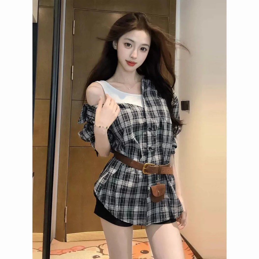 大码辣妹秋季新款复古气质拼接假两件格子长袖露肩衬衫休闲上衣