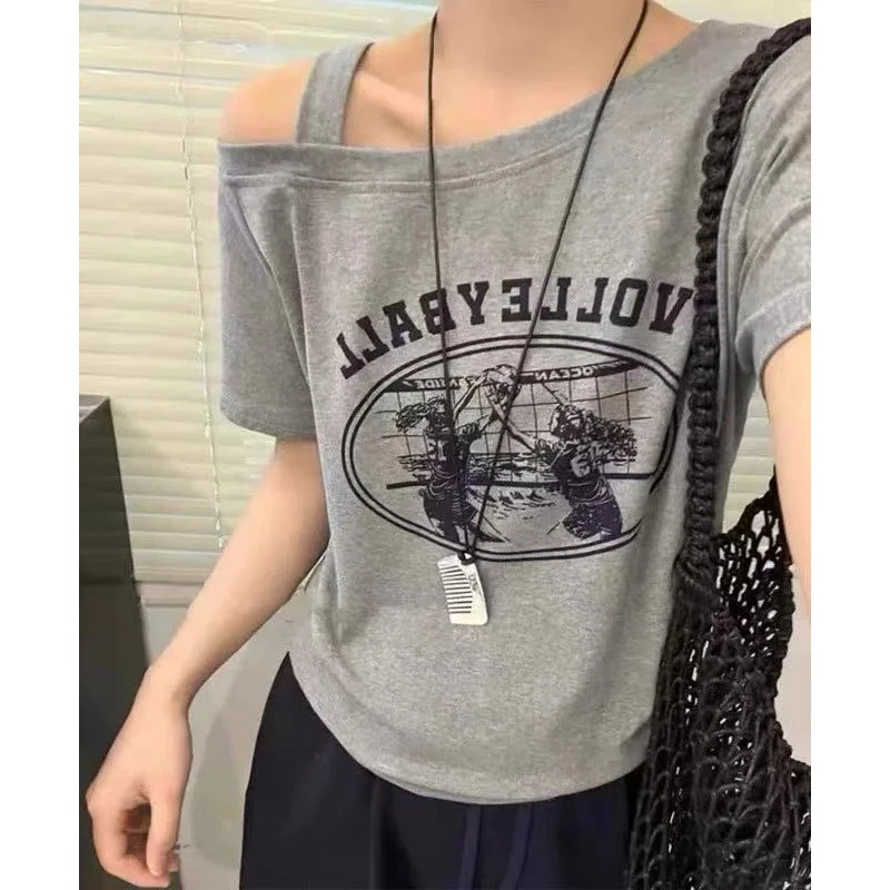 2025夏季韩版新款百搭时尚印花短袖T恤女上衣斜肩小心机#T0781