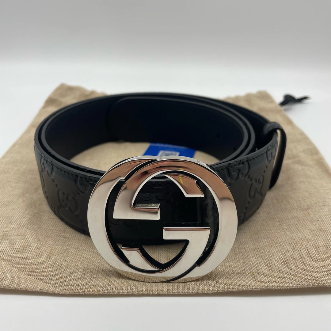 99新 GUCCI/古驰 闲置银头黑色压花100码皮带13917236