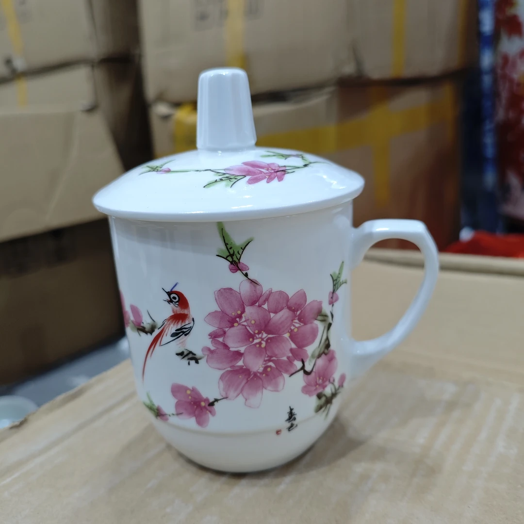 景德镇陶瓷水点桃花杯子带盖