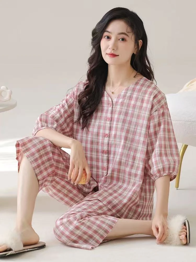 七分袖九分裤睡衣女春秋款纯棉女大码全棉家居服夏天薄款女士套装