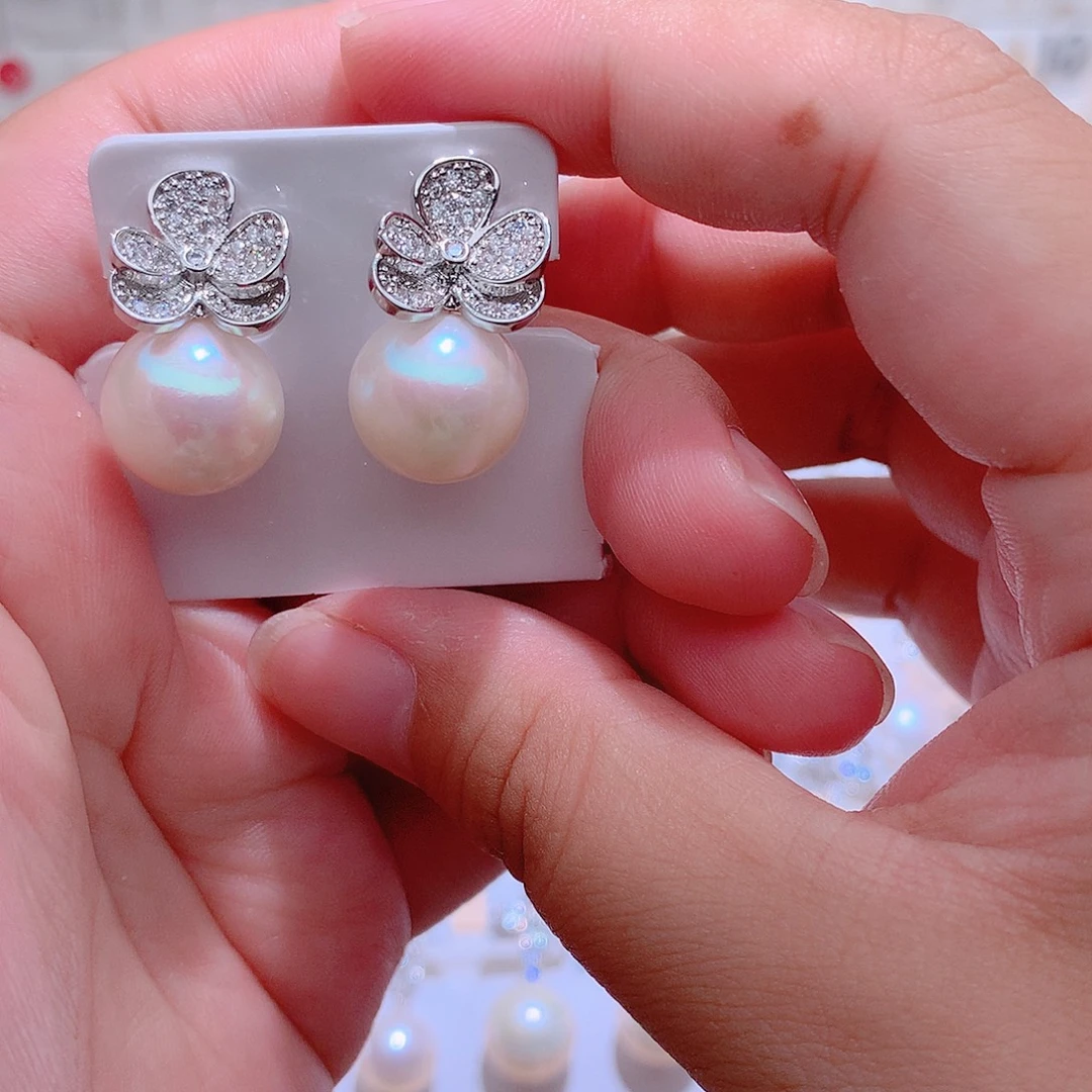 银S925镶嵌淡水珍珠耳饰CC13mm