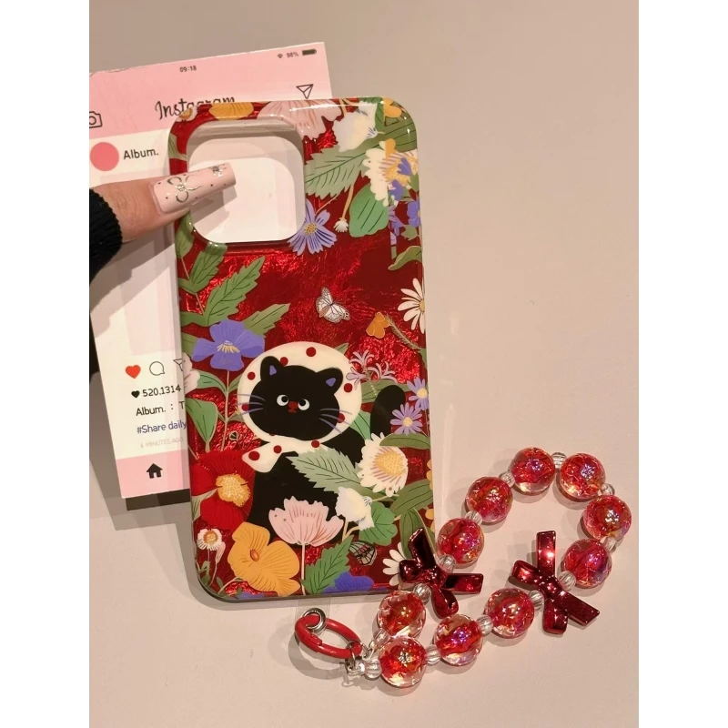 奥菲顿红底碎花小黑猫适用iPhone16冰川手机壳华为vivo小米oppo套