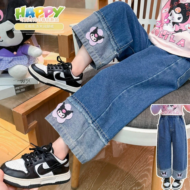 女童2025春秋新款牛仔裤卡通可爱库洛米刺绣牛仔阔腿裤