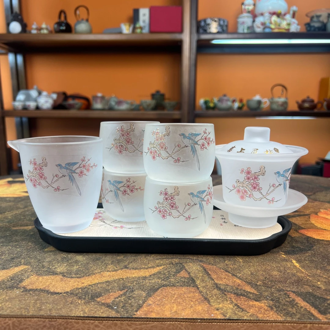 喜上眉梢桃花琉璃茶具套装家用泡茶茶具带桃李春风茶盘