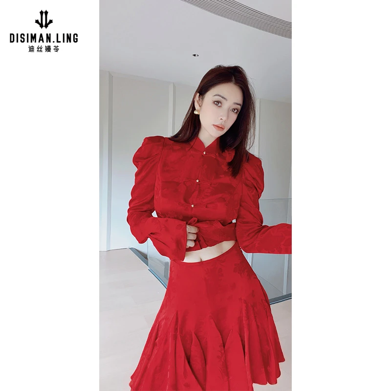 【迪丝嫚苓】100%粘纤红色套装气质显瘦新中式小众优雅感原创设计风