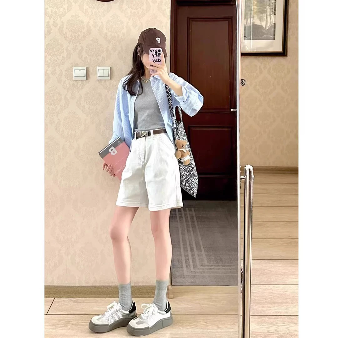 透气宽松白色中裤五分裤高腰牛仔短裤女夏季小个子窄版直筒阔腿