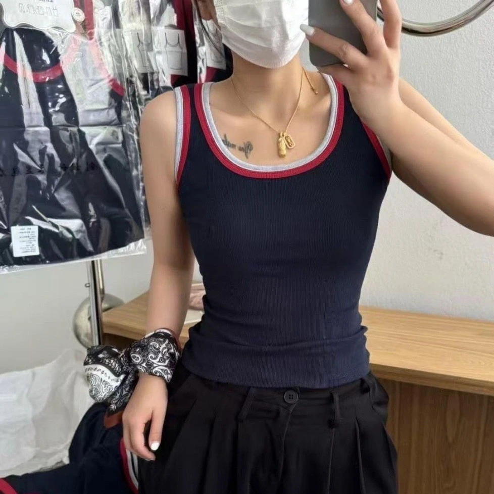 秋冬新款撞色拼接磨毛背心 圆领带胸垫修身宽肩显瘦百搭女