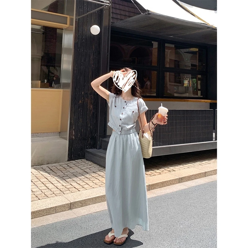 【淡人天菜】小个子夏季新款韩系气质女时尚上衣显瘦半身裙蓝色套装