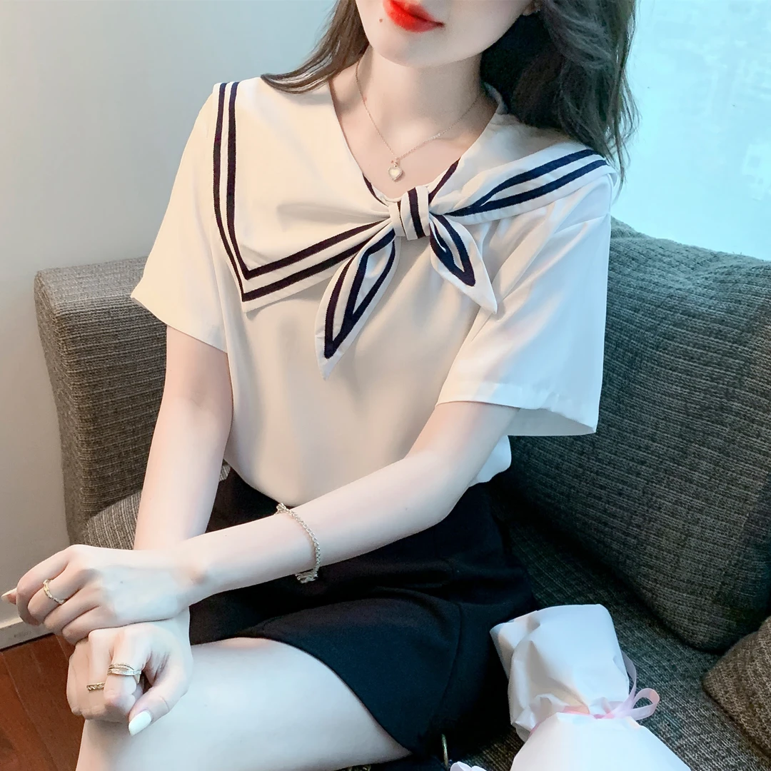 设计感小众海军领白色短袖T恤女夏装2025新款小个子显瘦气质上衣