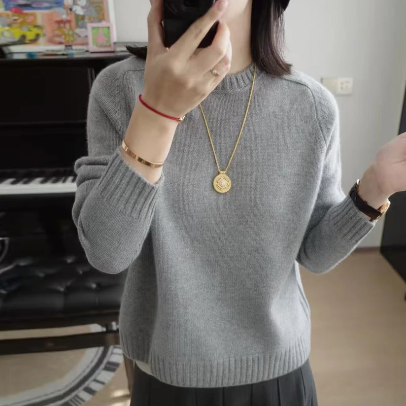厚款圆领套头毛衣女秋冬季宽松百搭100%羊毛针织打底高级感羊绒衫