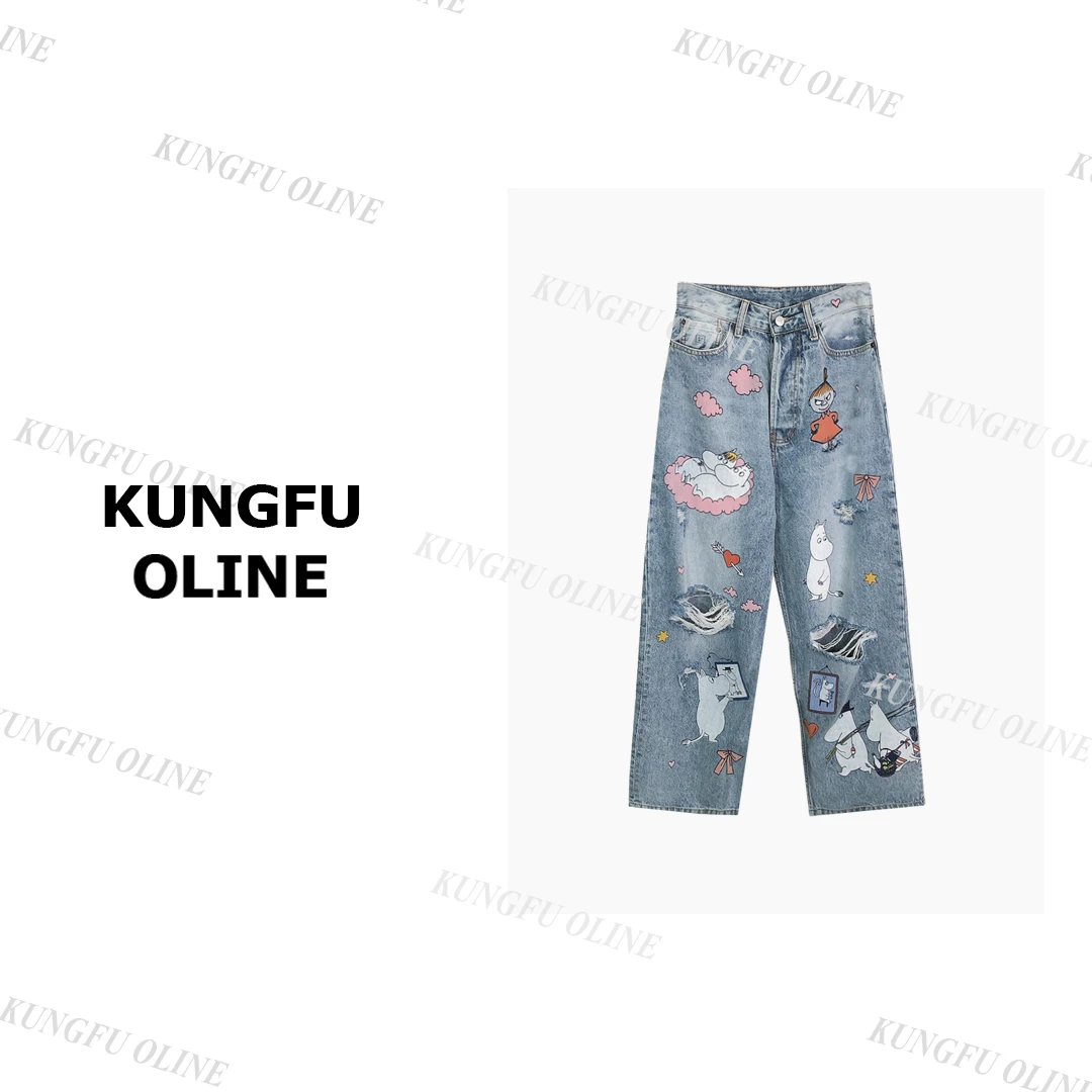 【小妖】NZK7738胖河马牛仔裤复古水洗做旧彩色女长裤