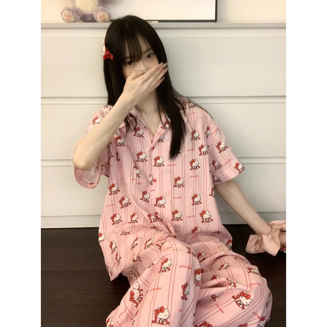 【甜美少女可爱】凯蒂猫印花短袖睡衣夏季新款家居服大码长裤两件套