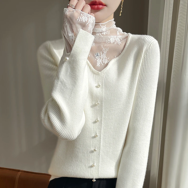 品牌秋冬新款法式蕾丝花边拼接堆堆领针织衫修身内搭打底衫毛衣女