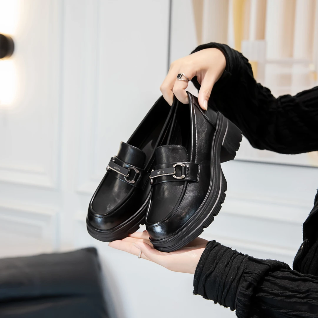 【吴姐定制】23301复古港风金属常规秋冬乐福鞋英伦风休闲小黑鞋