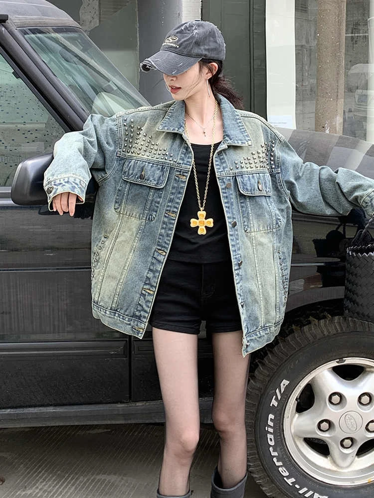美式复古重工铆钉牛仔外套女春秋设计感小众宽松bf慵懒风夹克上衣