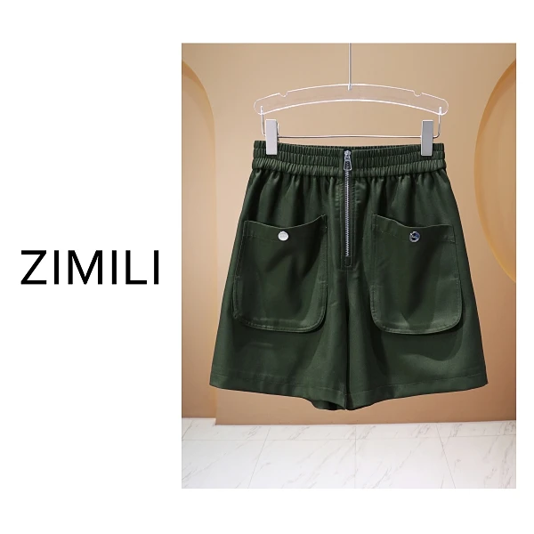 【亮哥女装】夏季墨绿拉链口袋装饰时尚廓形短裤7991