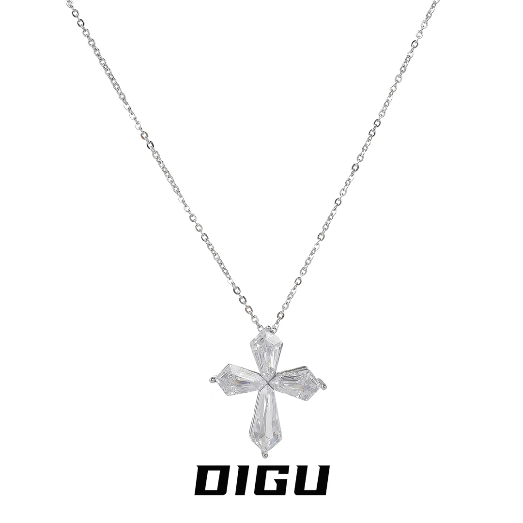 嘀咕家 铜合金项链 简约镶钻十字架吊坠项链气质闪钻锁骨链颈链