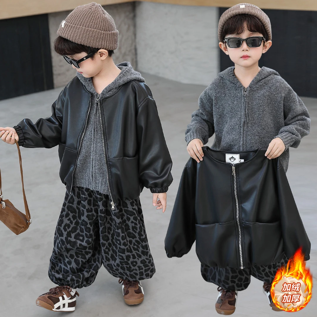 兄妹装男童秋冬套装2025新款酷帅姐弟皮衣外套加绒加厚夹克三件套