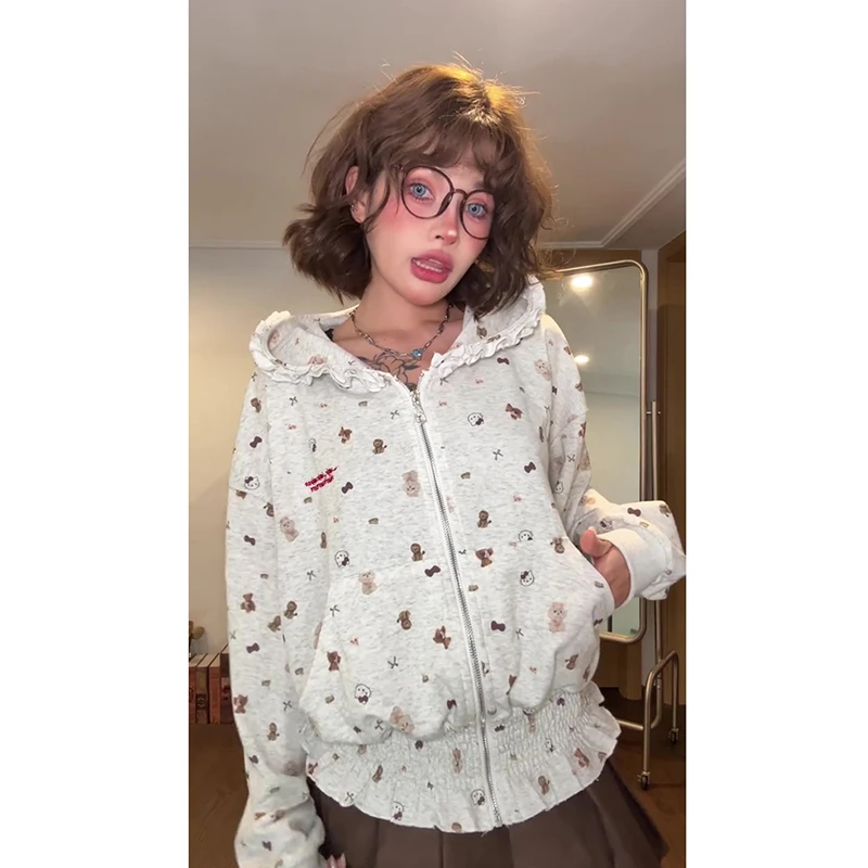 美式复古满印卡通褶皱连帽卫衣女春秋宽松学院风休闲百搭开衫外套