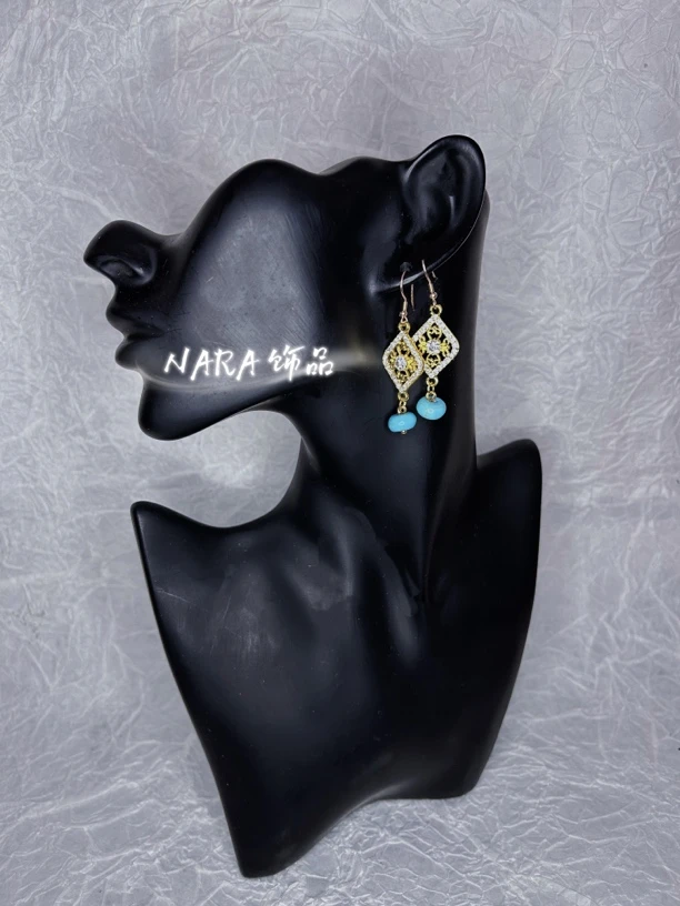 钛钢仿水晶耳饰 蒙古元素时尚简约耳环蓝色925银针