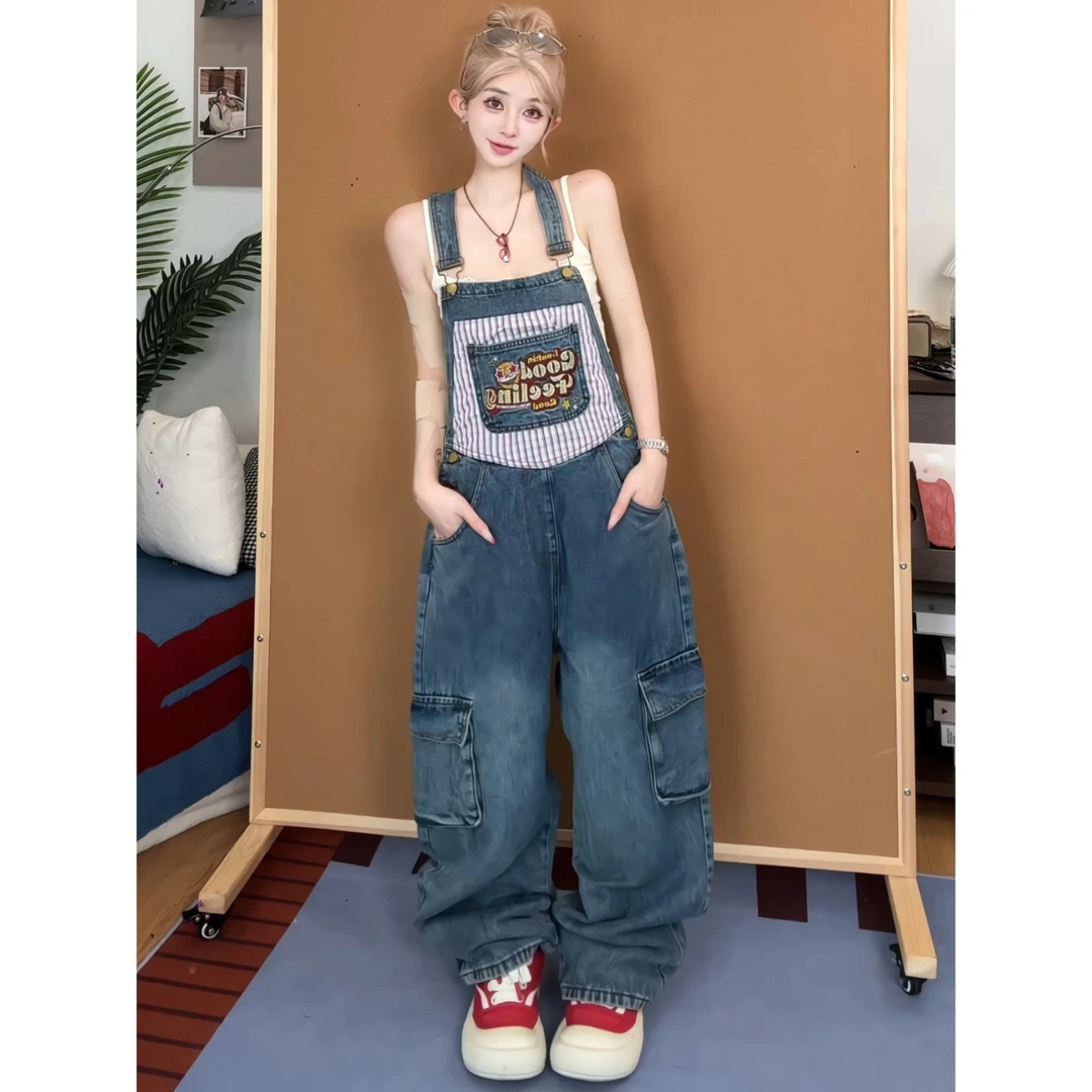 漂亮炮灰 美式复古牛仔背带裤女春夏新款长裤子口袋工装裤阔腿裤
