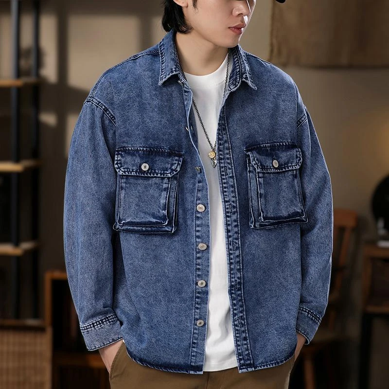 美式覆古牛仔衬衫男秋款潮牌工装夹克水洗翻领休闲长袖衬衫外套