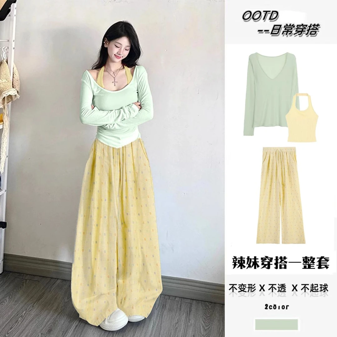 高级感时尚显瘦三件套女夏季防晒长袖罩衫挂脖吊带背心阔腿裤套装