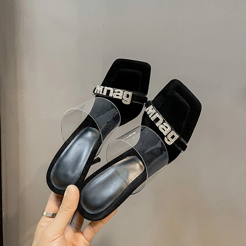 2025年新款夏季透明凉鞋女中跟细跟水钻高跟鞋仙女风一字带凉拖鞋